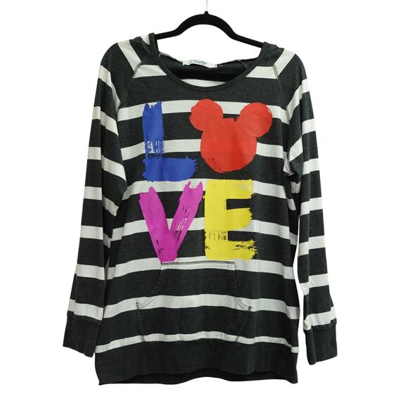 Disney Parks Mickey Mouse LOVE Hoodie Sweatshirt Striped Black White Size XL - Picture 1 of 9